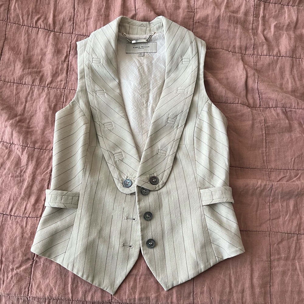 NWOT Karen Millen Women's Cream Pinstripe Vest with Buttons Wool Mohair Blend